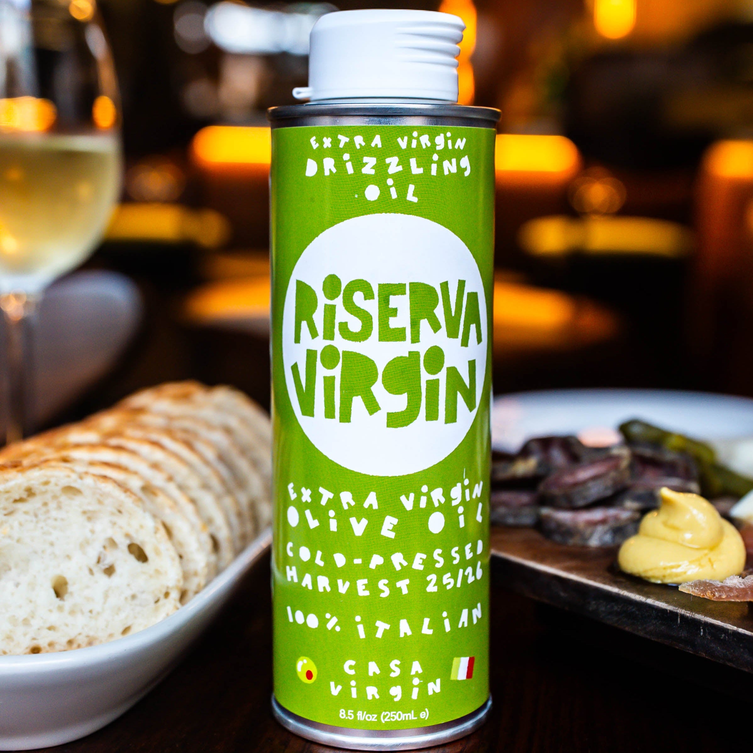 Casa Virgin Riserva Virgin unfiltered single-estate extra virgin olive oil on table